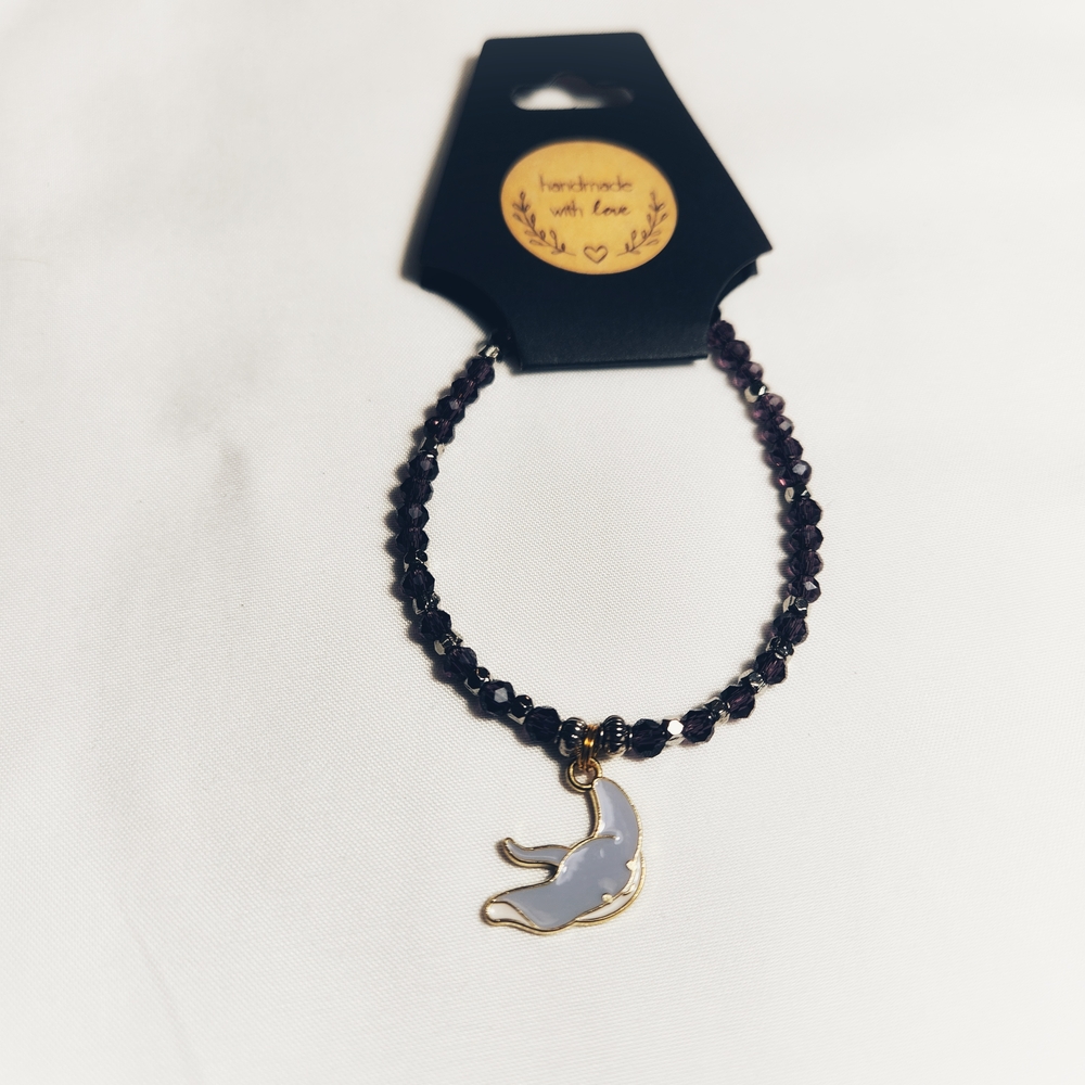 Handmade Purple And Silver Beaded Bracelet With Manta Ray Charm